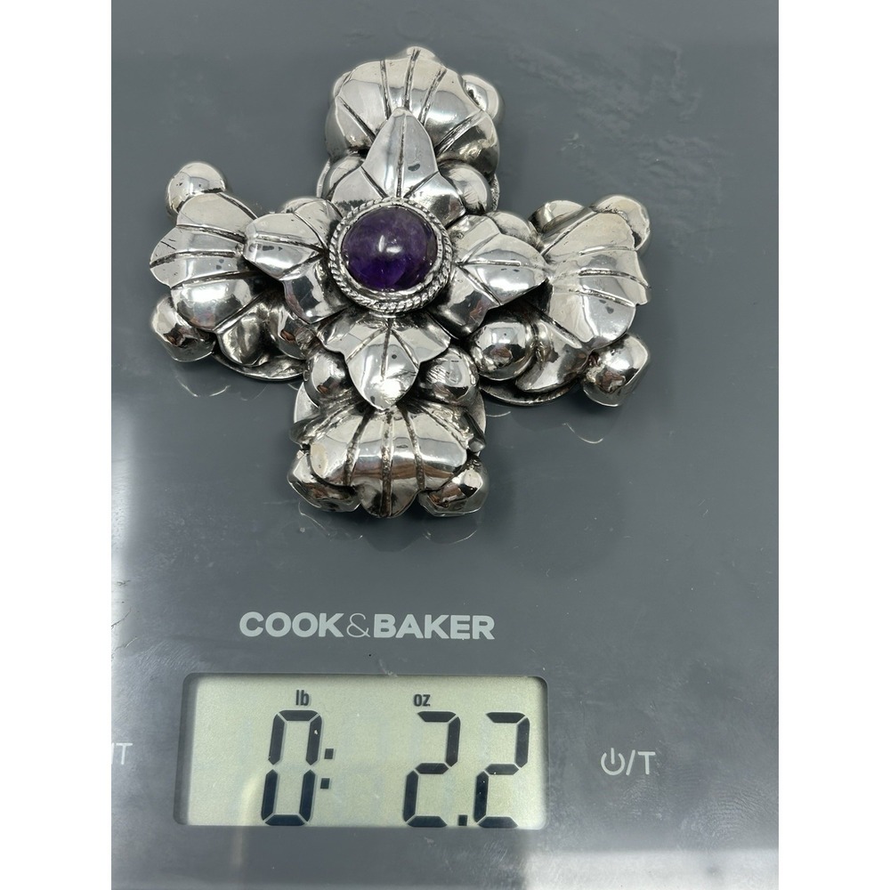 Vintage Mexican 925 Sterling Silver Amethyst Cross Pendant 62g Pre 1948 - Picture 7 of 16
